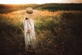 Woman in rustic dress and hat walking in wildflowers and herbs in sunset golden light in summer meadow. Stylish girl enjoying Royalty Free Stock Photo