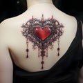 Woman\'s back and a tattoo of a red heart with ornaments. Heart as a symbol of affection and Royalty Free Stock Photo
