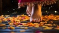 A woman's bare feet walking on a wooden floor with petals scattered about, AI Royalty Free Stock Photo