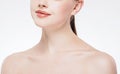 Woman's beautiful part of the face nose lips chin and shoulders, healthy skin and her on a back close up portrait studio on white Royalty Free Stock Photo
