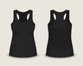 Woman`s black sleeveless tank top in front and back views. Vector illustration with realistic male shirt template.