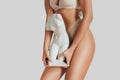 A young woman perfect body near gypsum sculpture Royalty Free Stock Photo