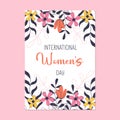 Woman s Day text design with flowers and hearts on square background.