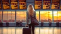 A Woman\'s Exciting Vacation Journey Begins at the Departures Board at The Airport, Generative AI Royalty Free Stock Photo