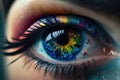 A woman\'s eye close-up with colorful makeup. Holi Concept. Generation AI Royalty Free Stock Photo