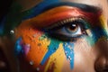 A woman\'s eye close-up with colorful makeup. Holi Concept. Generation AI Royalty Free Stock Photo