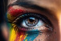 A woman\'s eye close-up with colorful makeup. Holi Concept. Generation AI Royalty Free Stock Photo