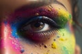 A woman\'s eye close-up with colorful makeup. Holi Concept. Generation AI Royalty Free Stock Photo