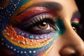 A woman\'s eye close-up with colorful makeup. Holi Concept. Generation AI Royalty Free Stock Photo