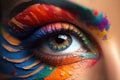 A woman\'s eye close-up with colorful makeup. Holi Concept. Generation AI Royalty Free Stock Photo