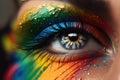 A woman\'s eye close-up with colorful makeup. Holi Concept. Generation AI Royalty Free Stock Photo