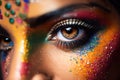 A woman\'s eye close-up with colorful makeup. Holi Concept. Generation AI Royalty Free Stock Photo