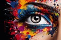 A woman\'s eye with colorful makeup blending with paint drips, emphasizing beauty and creativity