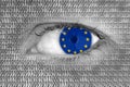 Woman's eye with flag of EU European Union and binary code numbers