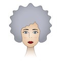 Woman`s face. Ash blonde with blue eyes. Lady`s head full face. Colored vector illustration. Hairstyle short curls. Long eyelashes