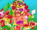 A woman`s face is combined with floral arraignments, vibrant colors and so much more Royalty Free Stock Photo