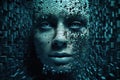 woman\'s face with 3D cubes and particles in space as symbol of augmented reality and computer technologies of future