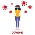 Young girl in coronavirus risk zone with wearing medical mask. vector flat illustration