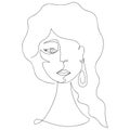 Woman`s face in one line. Sketch. The girl`s head. Vector illustration. Long wavy hair. One line style. Earring in the ear.