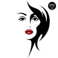 Woman`s face with red lips. Vector fashion illustration. Black and white silhouette