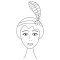 Woman`s face. Sketch. Head of a girl from 1920. Vector illustration. Short hair. Hairstyle a la garcon.