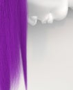 Woman`s face upside down with long flowing purple hair on a white background. Bright colorful hair. Creative conceptual