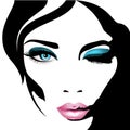 Woman`s face. Vector illustration. Realistic pink lips ann blue eyes with chic eyelashes