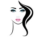 Woman`s face. Vector illustration. Realistic pink lips and blue eyes with chic eyelashes