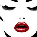 Woman`s face. Vectorillustration. Realistic red lips ann chic eyelashes