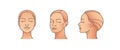 Woman`s face on white background. Various turns heads. Face in front view, side view. Vector illustration