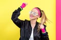Woman in 1980`s fashion with shatter shade glasses Royalty Free Stock Photo