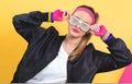 Woman in 1980`s fashion with shatter shade glasses Royalty Free Stock Photo