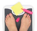 Woman' s feet on bathroom scale Royalty Free Stock Photo