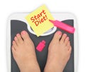 Woman' s feet on bathroom scale Royalty Free Stock Photo