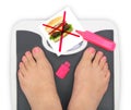 Woman' s feet on bathroom scale Royalty Free Stock Photo