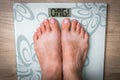 Woman's feet on a scale with word OMG! Royalty Free Stock Photo