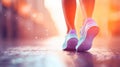 A woman's feet are seen walking on a street, AI