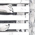 Woman`s feet on white wooden bench. Beach day monochrome digital illustration Royalty Free Stock Photo