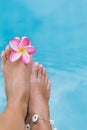 Woman`s female legs in blue swimming pool water with frangipani Royalty Free Stock Photo