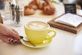 WomanÃ¯Â¿Â½s hand and cappuccino coffee in yellow cup and saucer Royalty Free Stock Photo