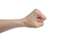 Woman`s hand, clenched fist, on a white background.