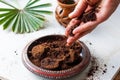 Woman`s hand crumbles coffee grounds into wooden bowl. Coffee grounds used as a body scrub or fertilizer for plants Royalty Free Stock Photo