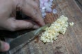 Woman's hand cut white onions on cutting board in home kitchen.