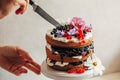Woman`s hand cuts a knife homemade cake. Royalty Free Stock Photo
