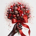 A woman\'s hand decorated with a bow holds sweets. A sweet idea for the holidays. Stylish luxury photo generative ai