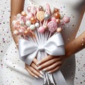 A woman\'s hand decorated with a bow holds sweets. A sweet idea for the holidays. Stylish luxury photo generative ai