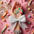 A woman\'s hand decorated with a bow holds sweets. A sweet idea for the holidays. Stylish luxury photo generative ai