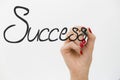 Woman`s hand drawing the word success, on white background Royalty Free Stock Photo