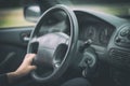 Woman's hand driving a car.