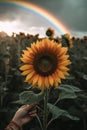 Woman\'s hand hodling sunflower in field with vibrant rainbow in background